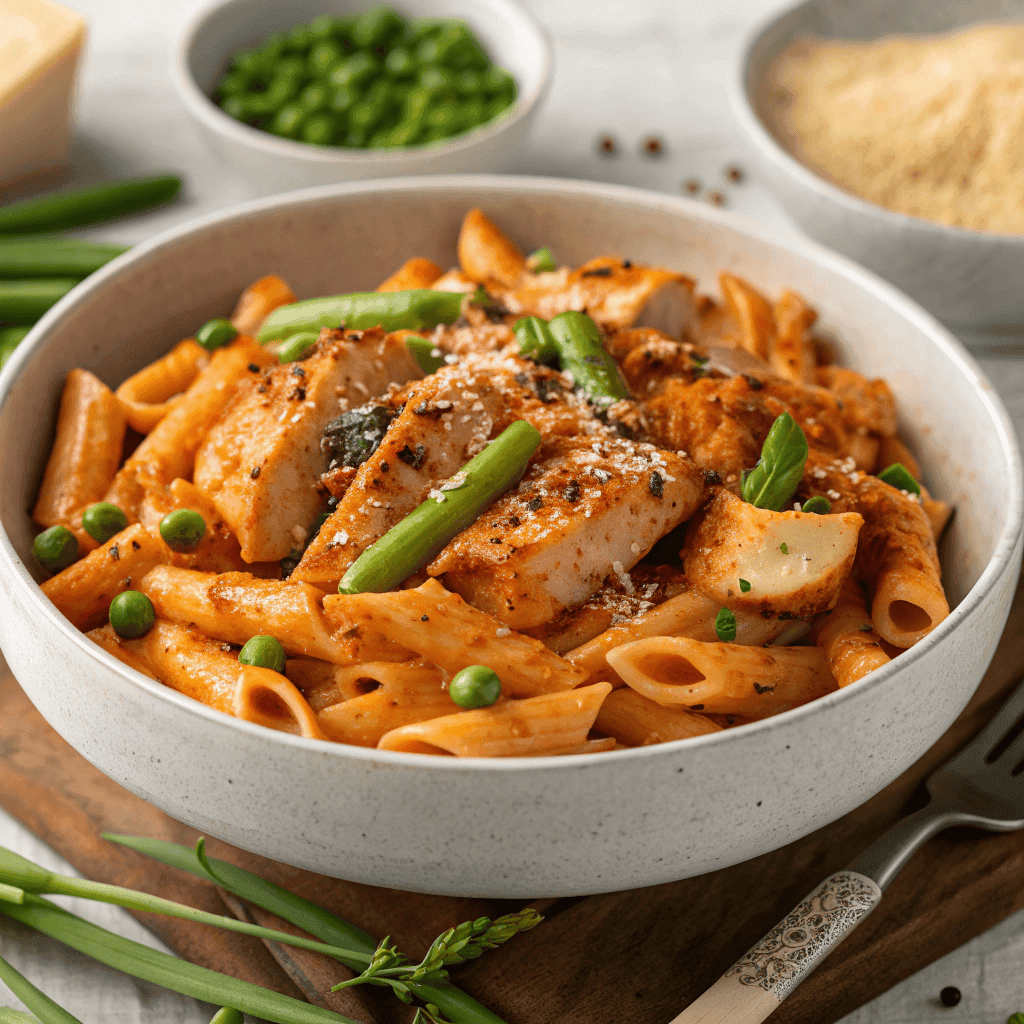 Chicken chipotle pasta with penne, green beans, peas, and creamy smoky sauce.