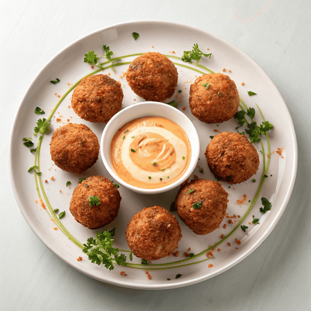 Golden fried Reuben balls arranged around a bowl of creamy Thousand Island sauce with parsley garnish.
