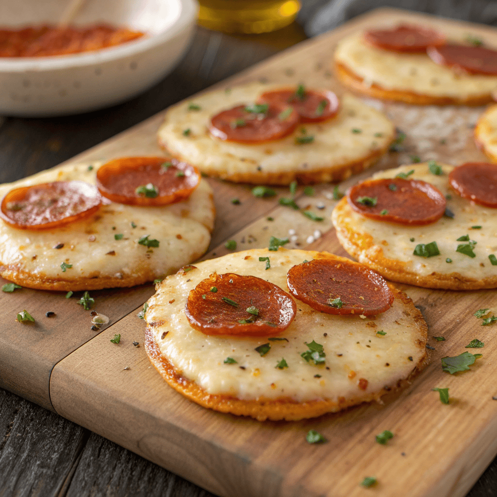 Pepperoni cheese crisps with melted cheese, cracked black pepper, and parsley, baked until golden and crispy.