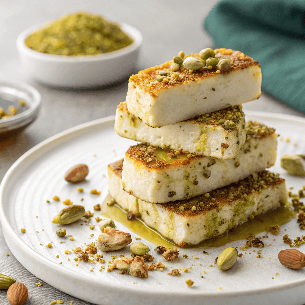 Stacked pistachio-crusted halloumi cheese drizzled with honey and garnished with mint and chili flakes.
