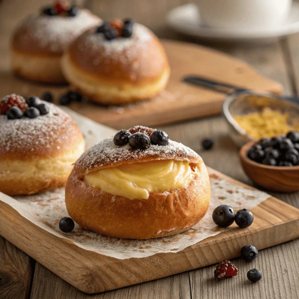 Danish carnival bun pulled open showing thick vanilla custard and baked berries inside a golden pastry.