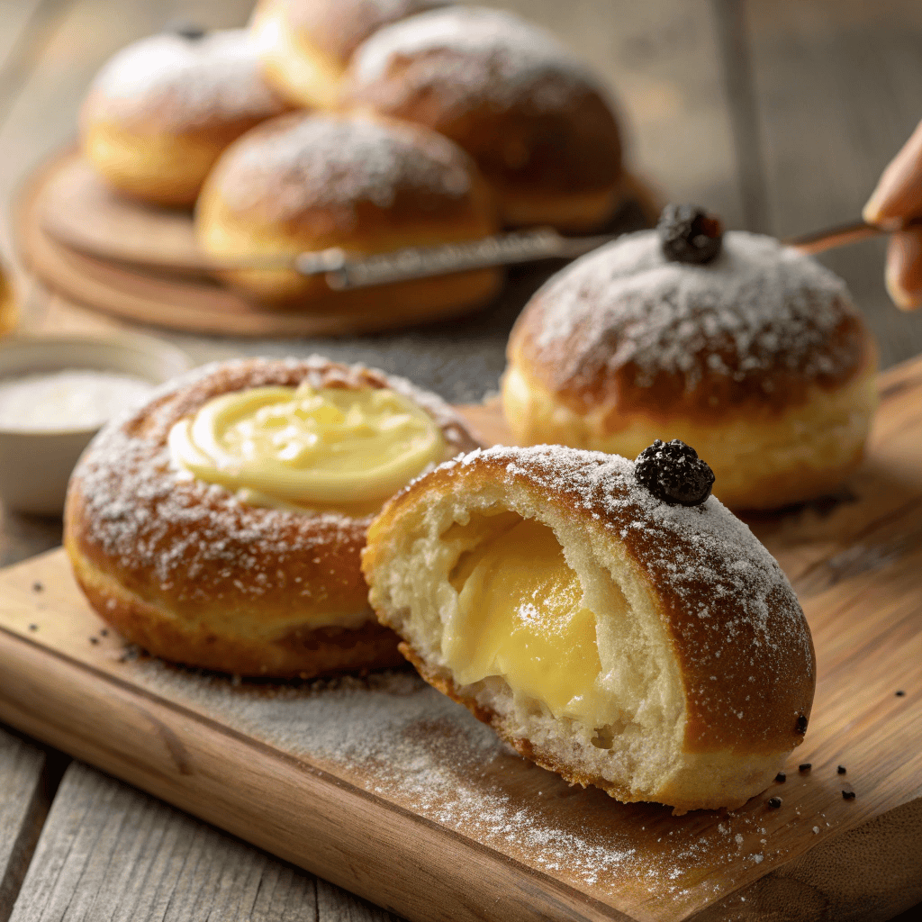 A group of Danish carnival buns with custard centers and baked berries on a wooden surface.