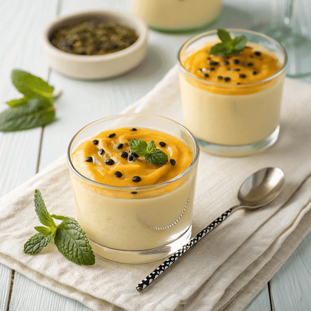 Top view of passion fruit mousse in a glass topped with fresh passion fruit pulp and mint.