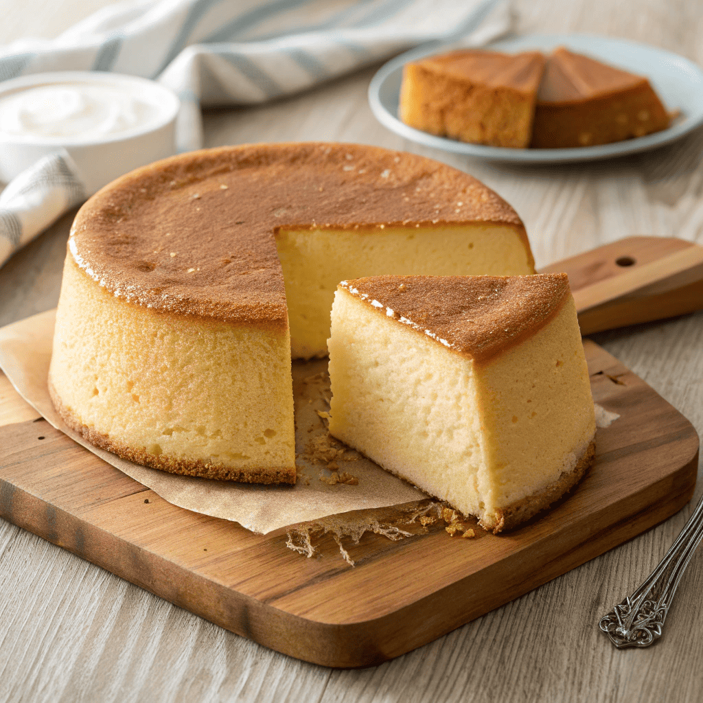 Custard cake with a thick creamy custard layer and golden sponge crust on a wooden board.