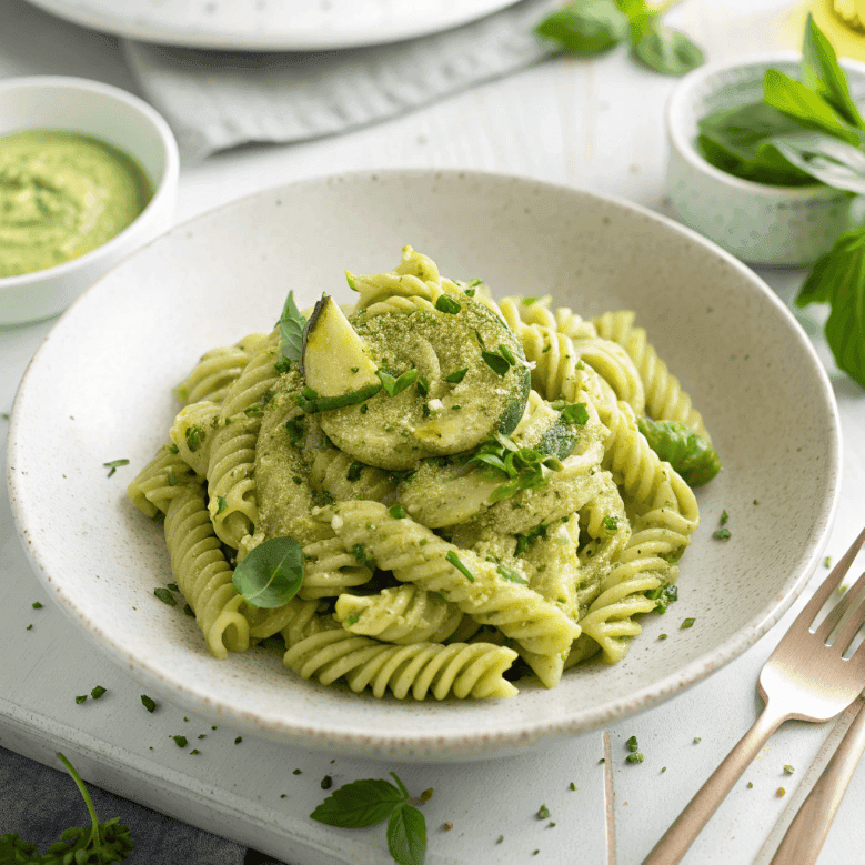 Avocado pesto pasta with rigatoni coated in creamy green herb sauce on a plate