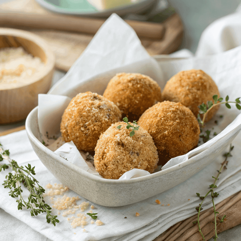 Golden baked arancini rice balls with breadcrumb crust and thyme garnish in a bowl