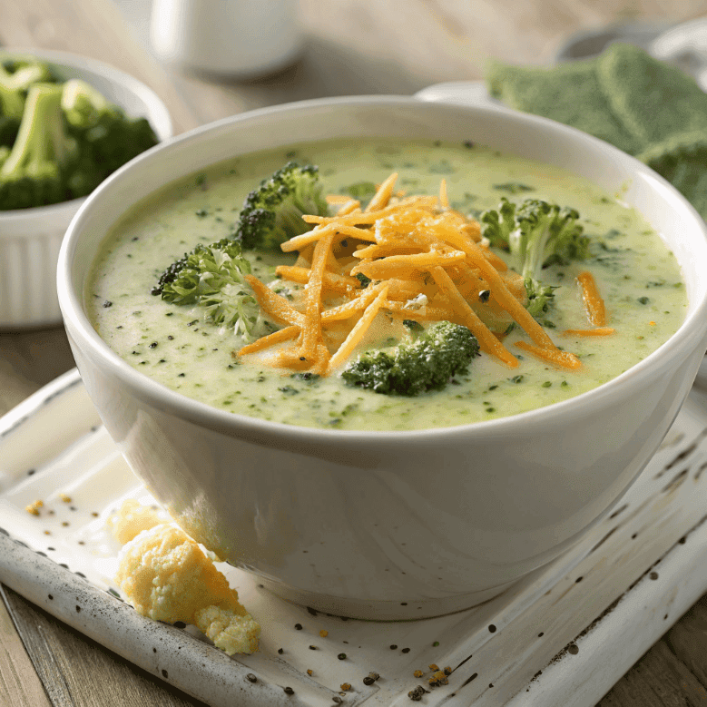 Creamy broccoli cheddar soup with broccoli florets, melted cheese, and cracked black pepper in a bowl