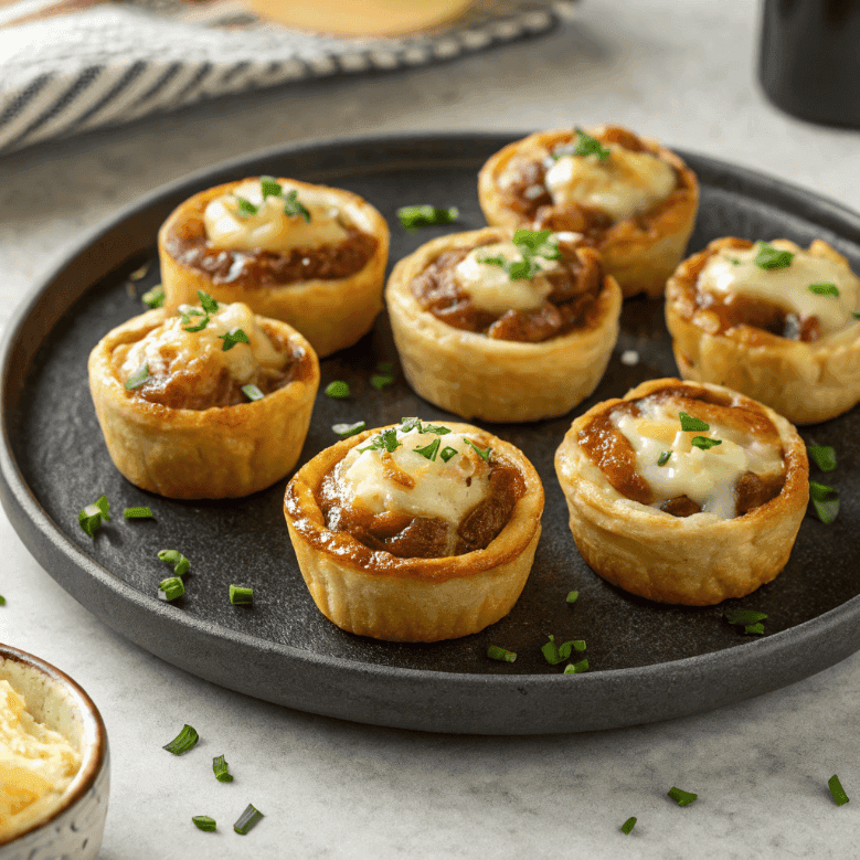 French onion soup bites with caramelized onions, melted cheese, and chives in pastry shells