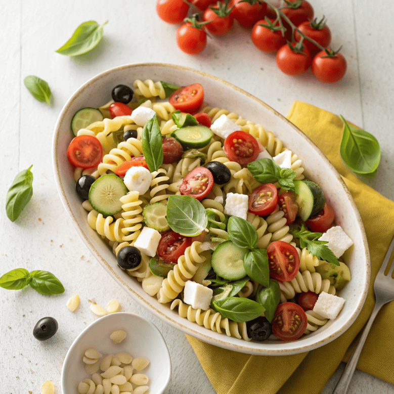 Italian pasta salad with rotini, cherry tomatoes, cucumbers, olives, mozzarella, and basil
