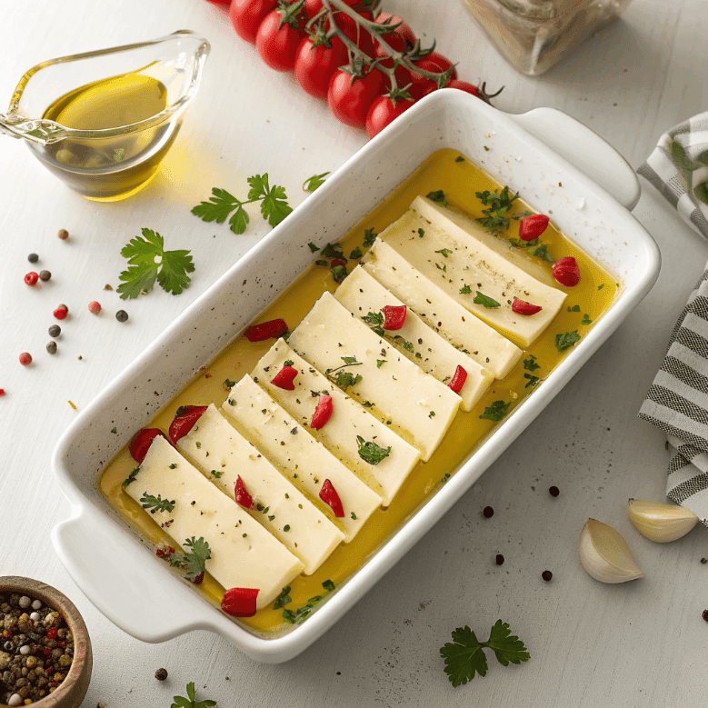 Marinated cheese with red peppers, parsley, garlic, and olive oil in a rectangular dish