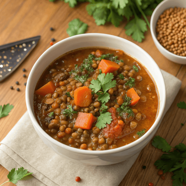 Moroccan lentil soup with carrots, tomatoes, herbs, and thick spiced lentil base in a bowl