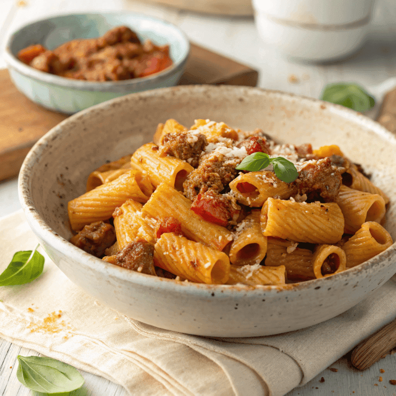 Pasta alla zozzona with rigatoni, creamy tomato sauce, sausage, Pecorino, and basil