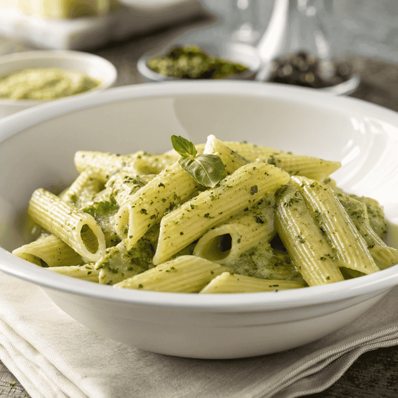 Creamy pesto sauce pasta with penne, basil herbs, and cracked black pepper in a bowl