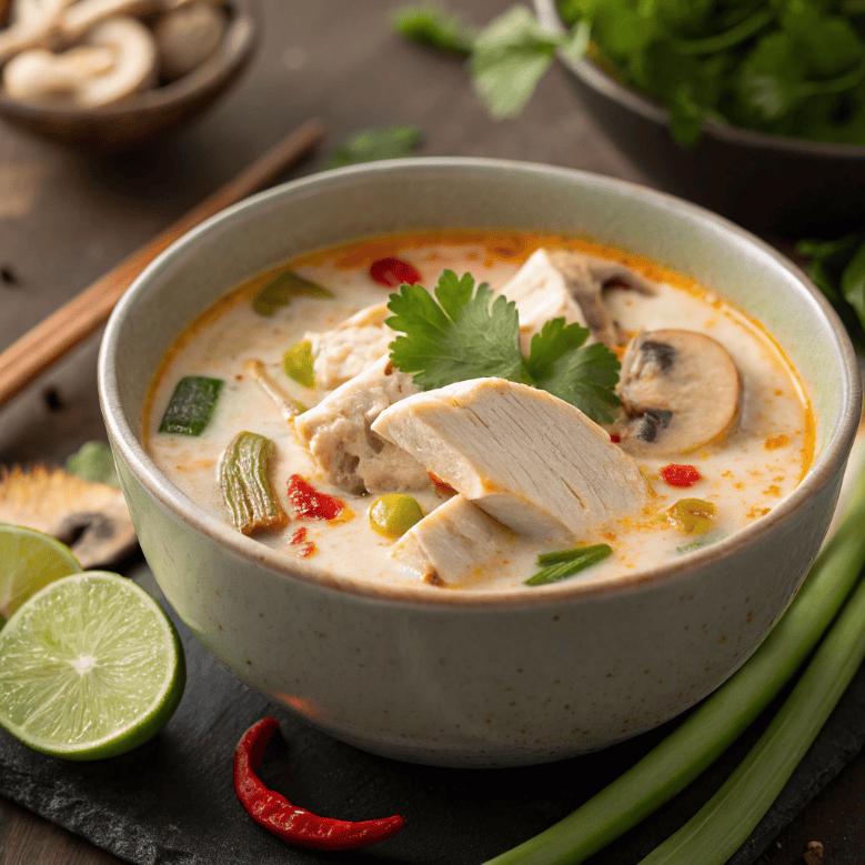Tom Kha Gai soup with coconut milk, chicken, mushrooms, cilantro, and kaffir lime leaves