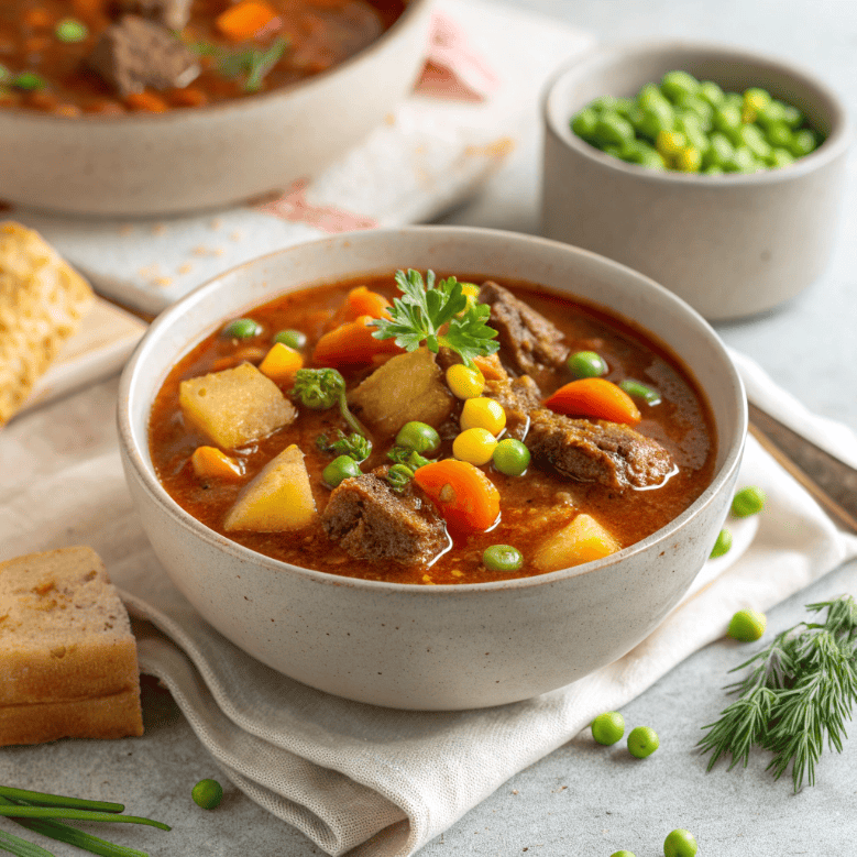 Vegetable beef soup with beef chunks, potatoes, carrots, corn, peas, and green beans in rich broth