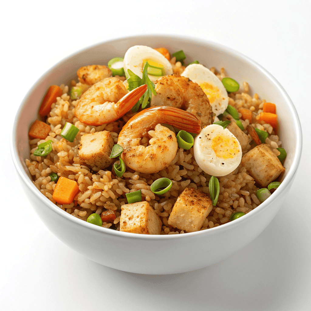 Bang Bang fried rice served in a white bowl with shrimp, eggs, vegetables, and green onions.