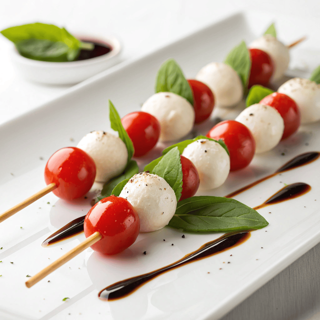 Caprese salad skewers arranged on a white background with tomatoes, mozzarella, basil, and balsamic glaze.
