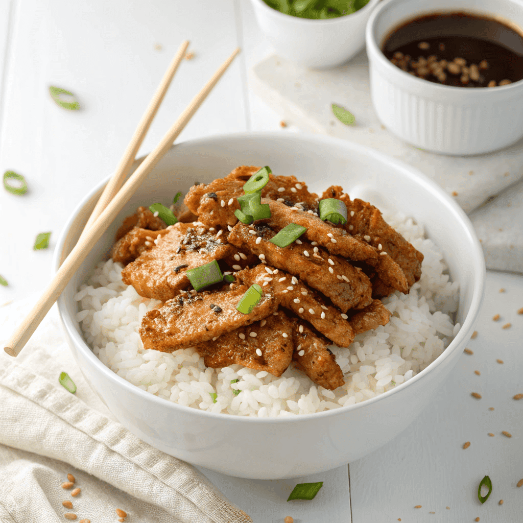 Chicken bulgogi served in a white bowl with glazed chicken, rice, sesame seeds, and green onions.