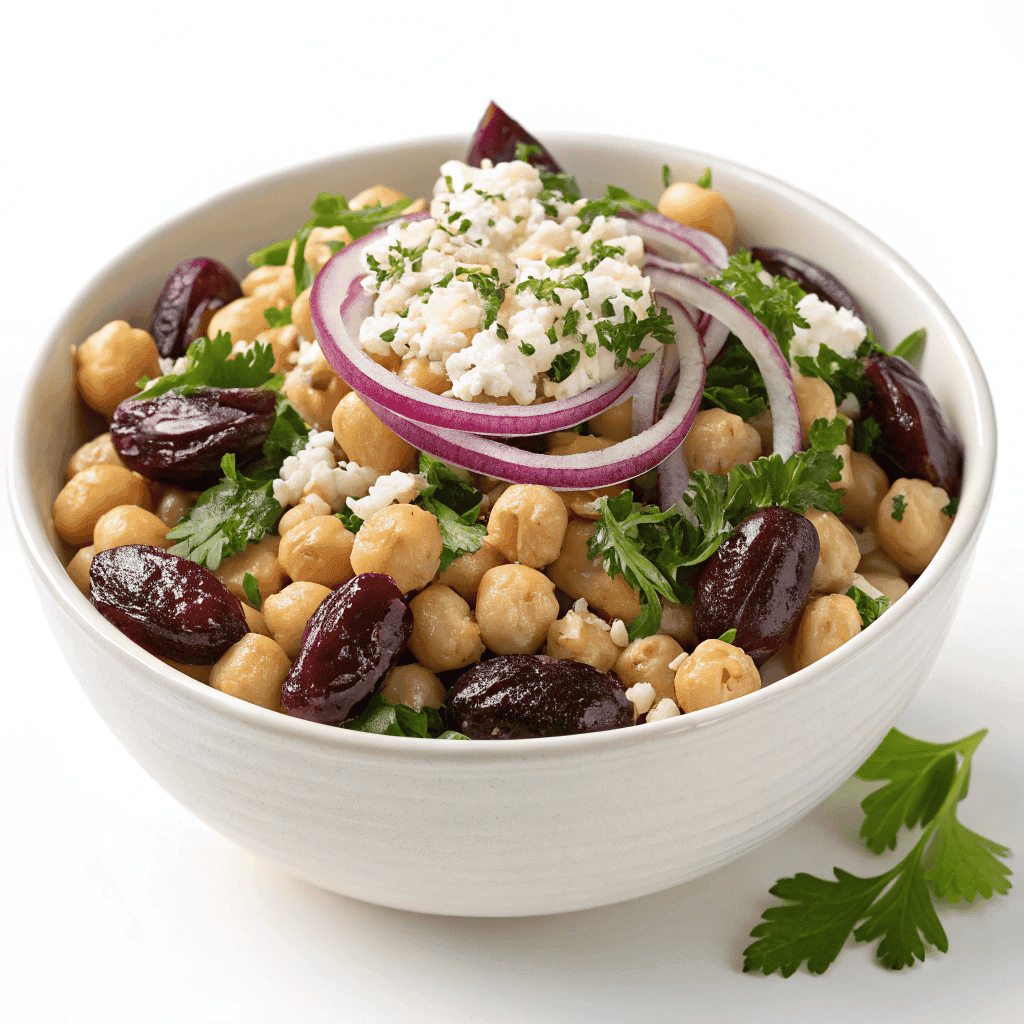 Divorce salad in a white bowl with chickpeas, dates, red onion, herbs, and crumbled cheese.