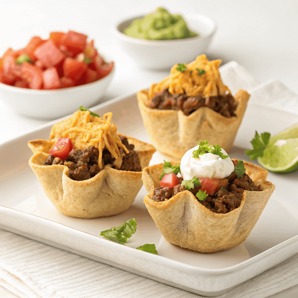 Easy Cheesy Beef Taco Cups Recipe 1 Easy Beef Taco Cups – Crispy Tortilla Appetizer Hero Shot