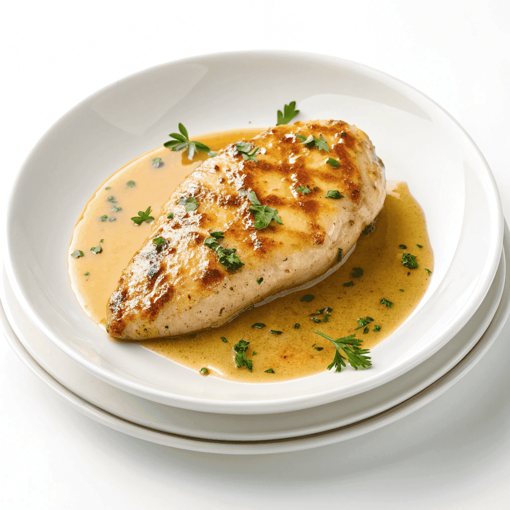 Honey mustard chicken breast on a white plate with glossy sauce and herb garnish.