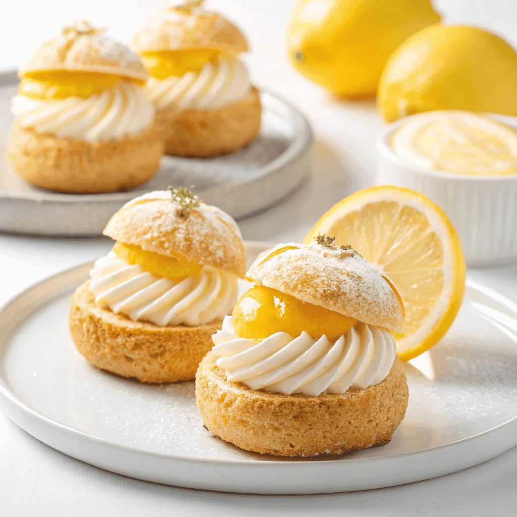 Choux pastry with lemon cream filling and piped lemon topping served on a white plate.