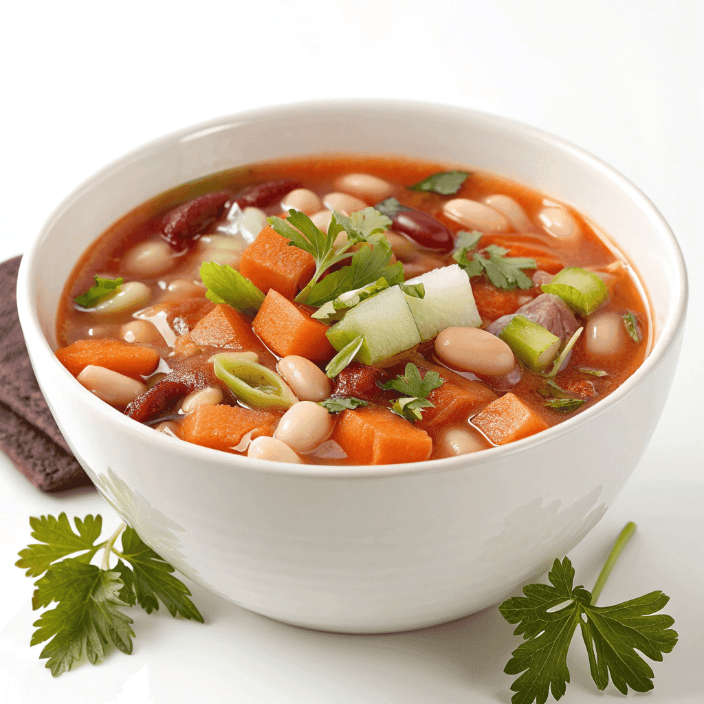 Sardinian longevity soup served in a white bowl with beans, vegetables, greens, herbs, and tomato broth.