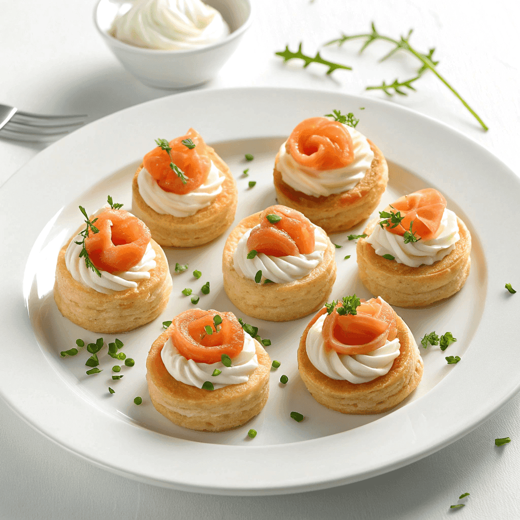Smoked salmon puff pastry bites with cream cheese and chives on a white plate.