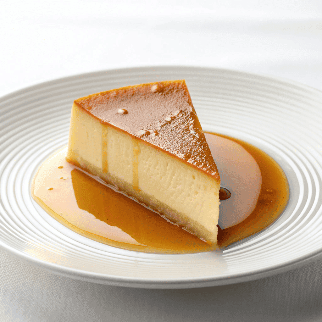 Spanish flan slice on a white plate with smooth caramel top and light caramel sauce.