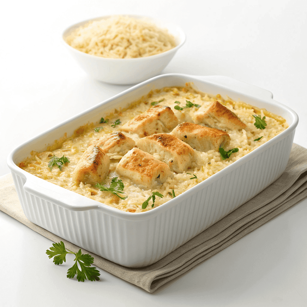 Stick of butter chicken and rice casserole baked golden and served in a white dish.