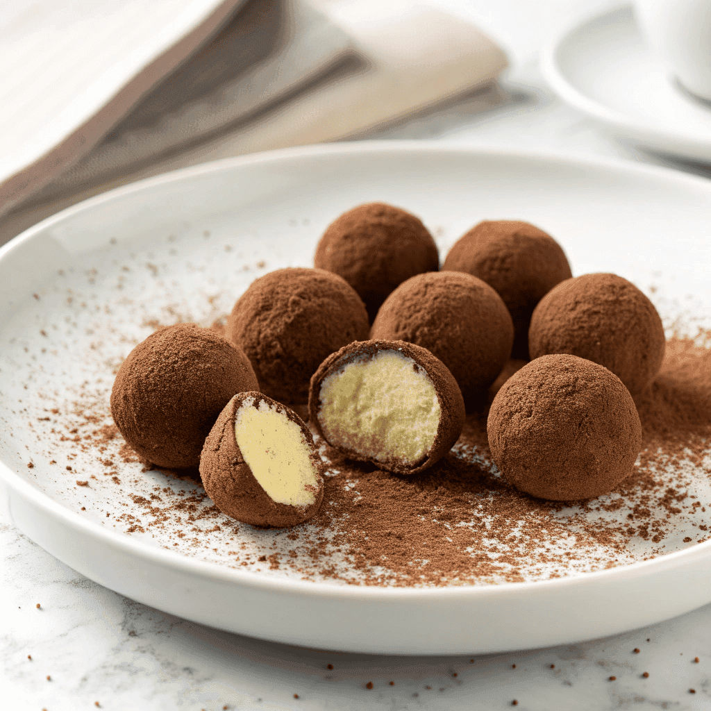 Tiramisu balls coated in cocoa powder on a white plate with one ball cut open.