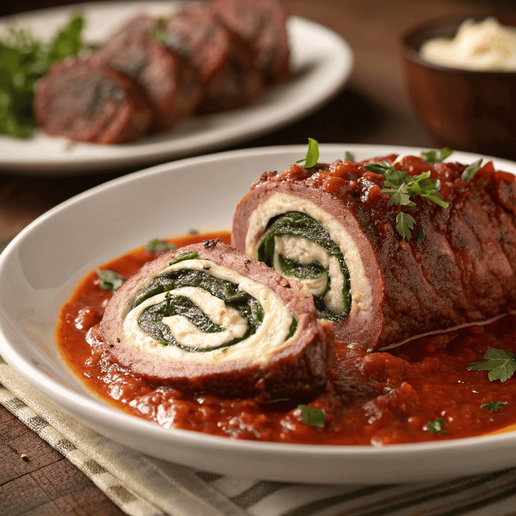 Hero image of beef braciole sliced open with spinach and cheese filling in tomato sauce.