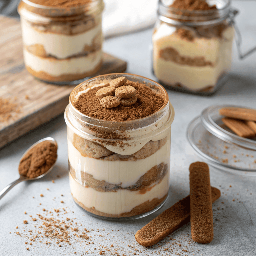 Hero image of layered Biscoff tiramisu in a glass jar topped with a Lotus biscuit.