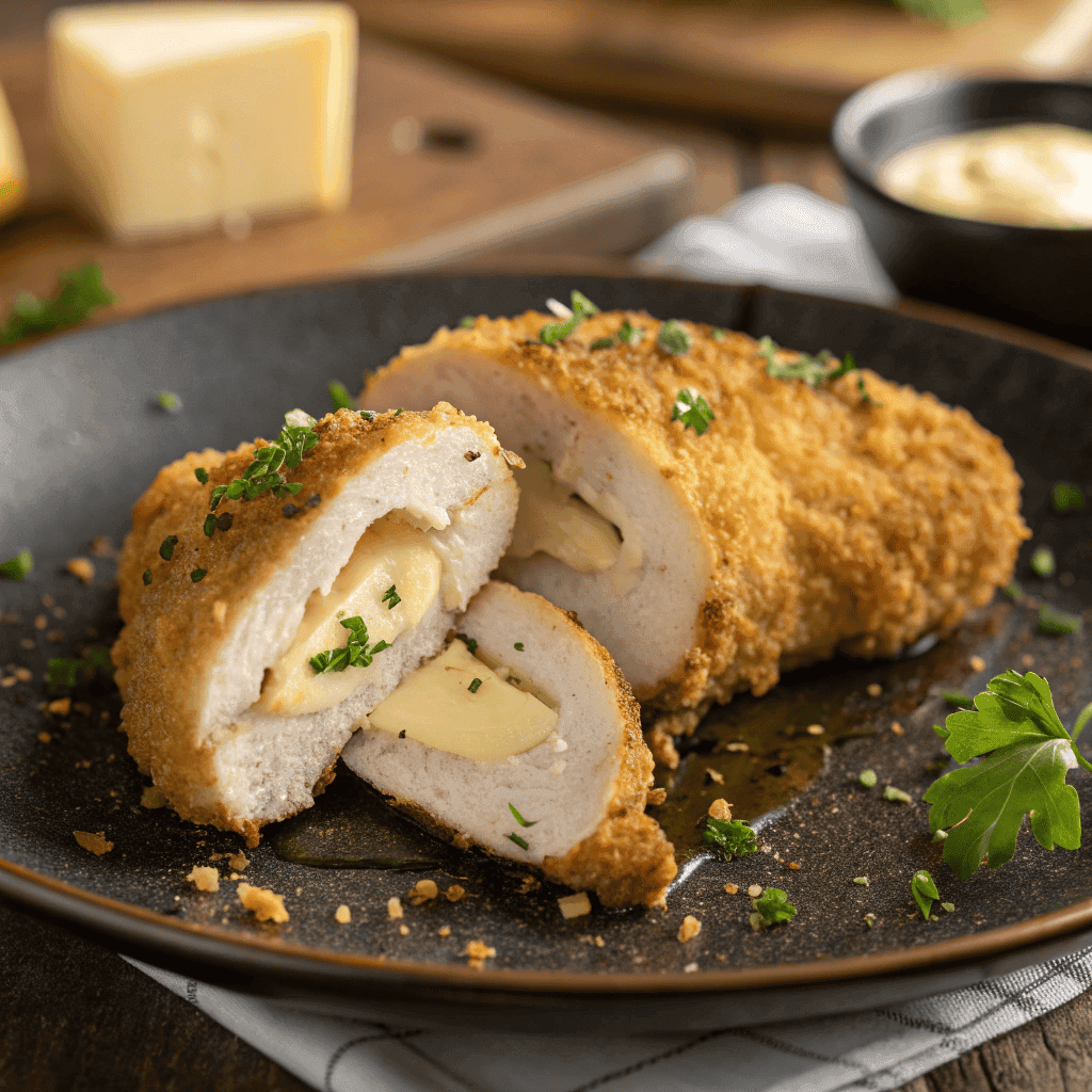 Hero image of Chicken Kiev cut open with melted garlic butter flowing out.
