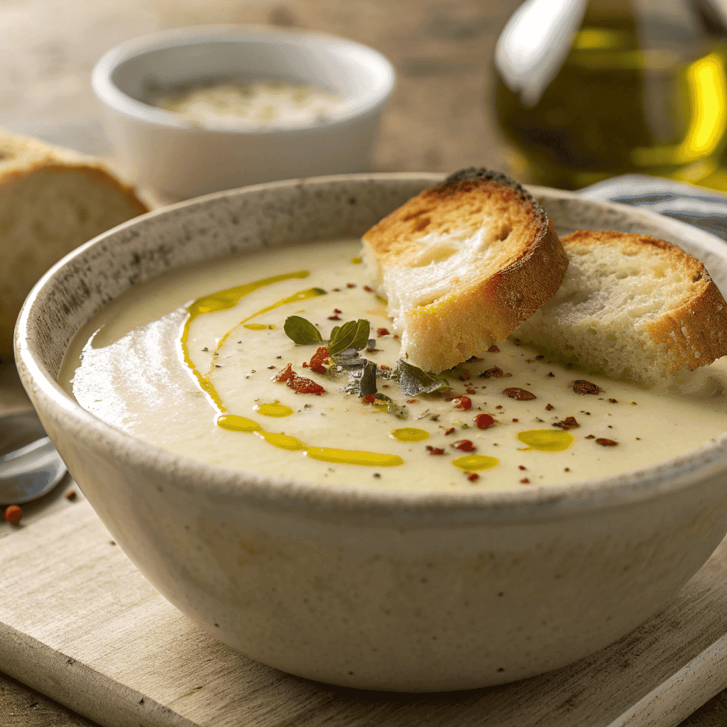 Ultimate French Garlic Soup – Rustic, Creamy, and Comforting 4 Hero image of French garlic soup with toasted baguette crouton and olive oil drizzle.