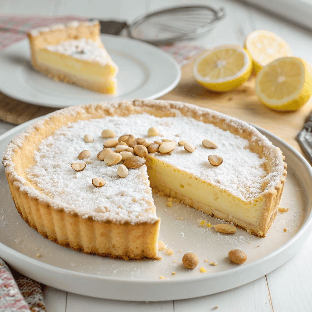 Hero shot of Italian torta della nonna showing creamy custard filling and powdered sugar top.