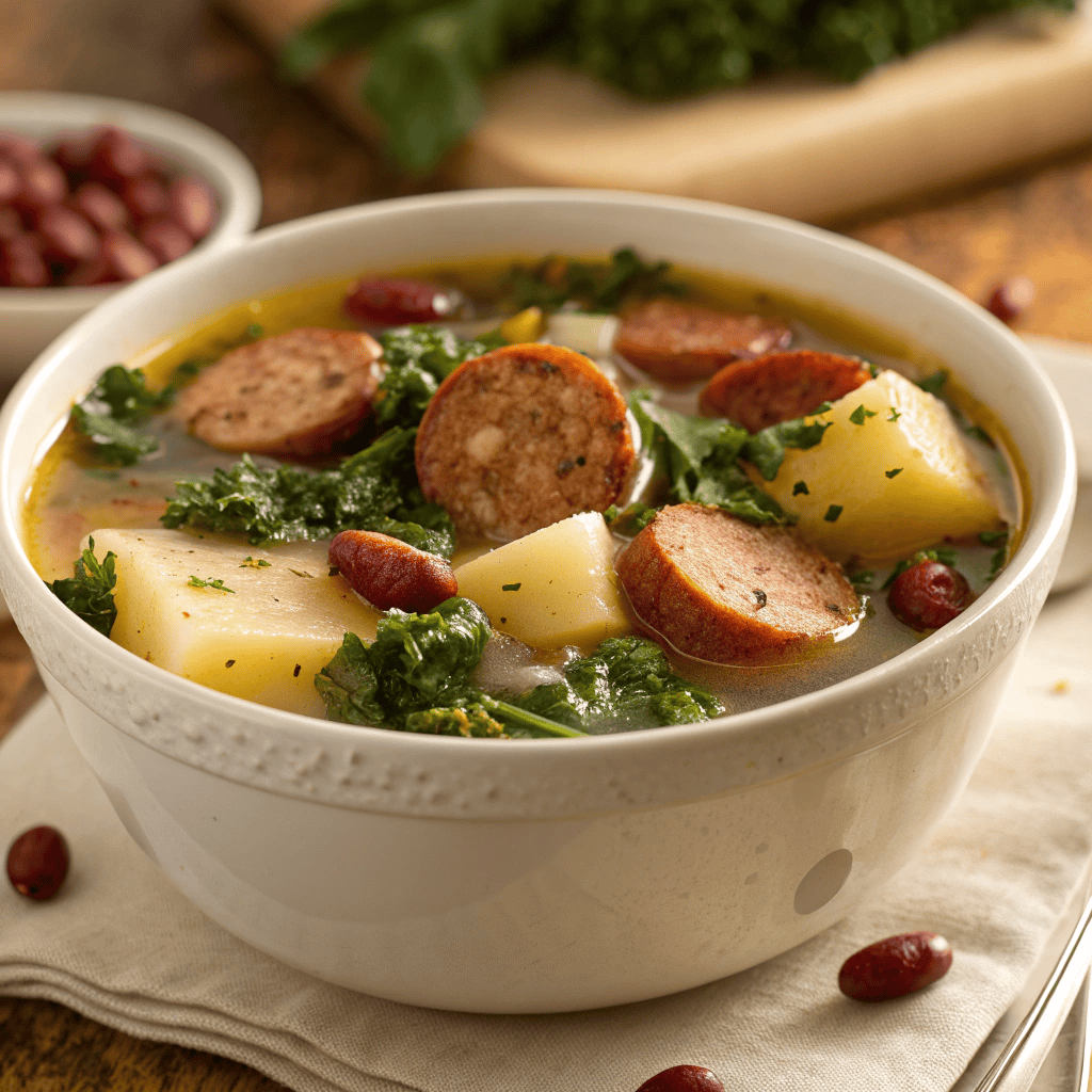 Hero image of Portuguese kale soup with chouriço sausage, potatoes, and beans.