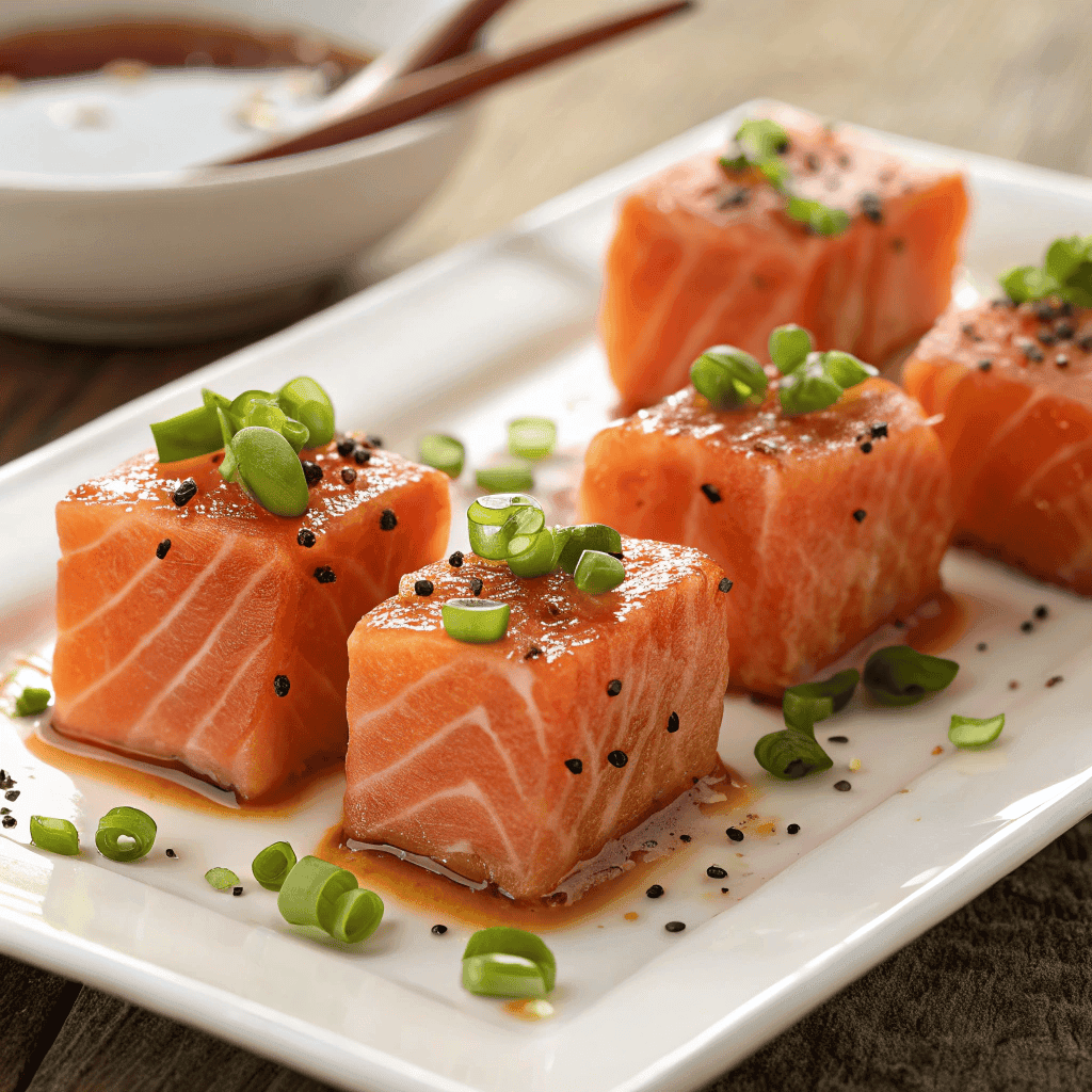 Close-up hero image of glazed salmon bites garnished with green onions on a white plate.