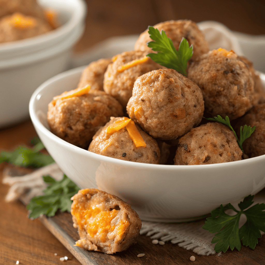 Close-up hero image of cheddar sausage balls baked golden and served in a bowl.