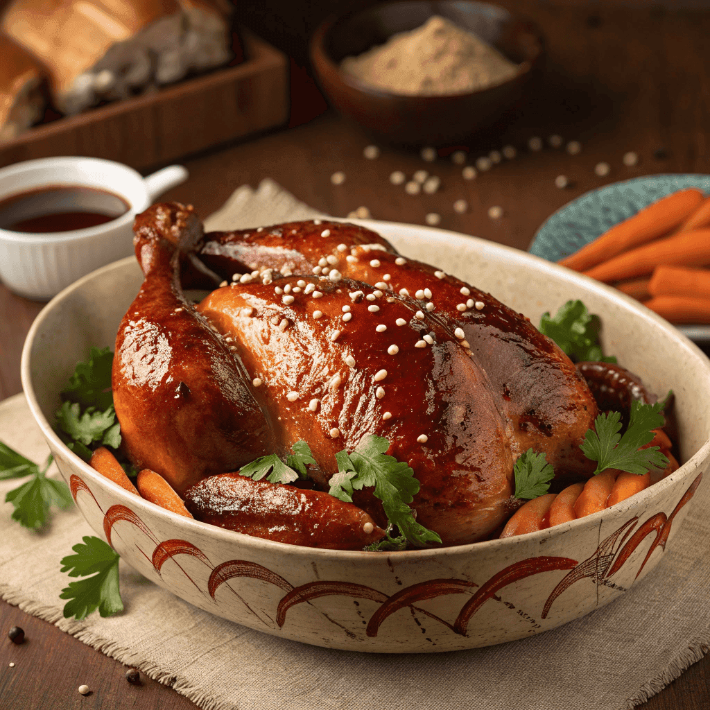 Hero image of Shandong roast chicken with glossy skin, sesame seeds, and cilantro garnish.