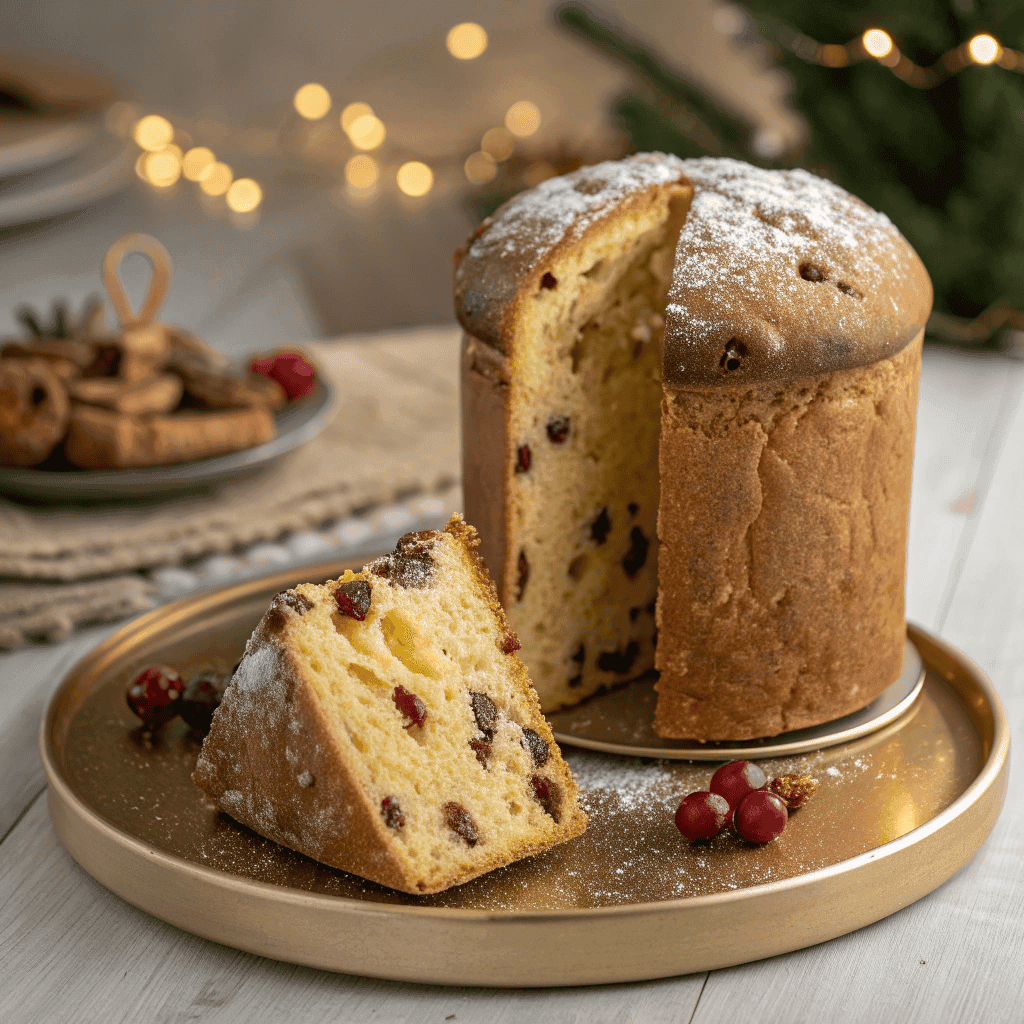 Hero image of traditional Italian panettone with airy crumb and raisins.