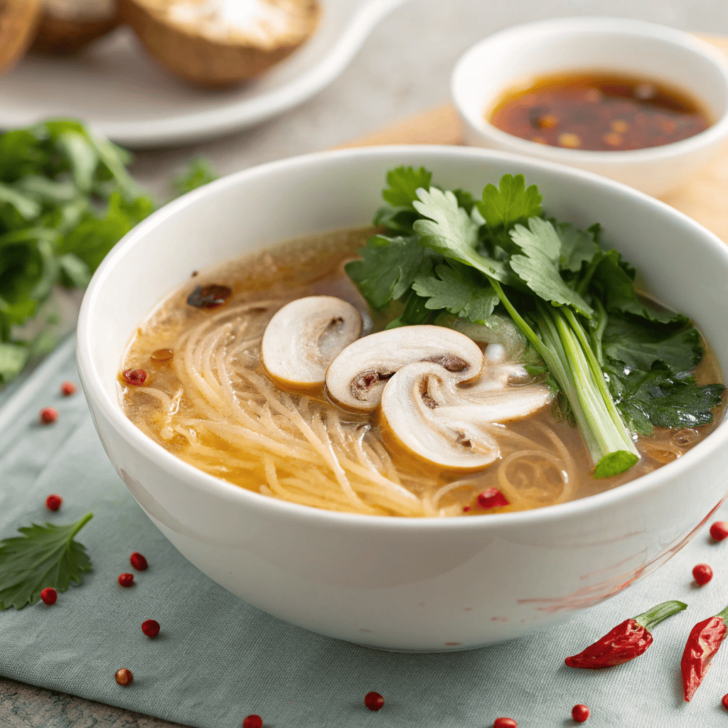 Hero image of winter warmer soup with bok choy, mushrooms, noodles, and golden broth.