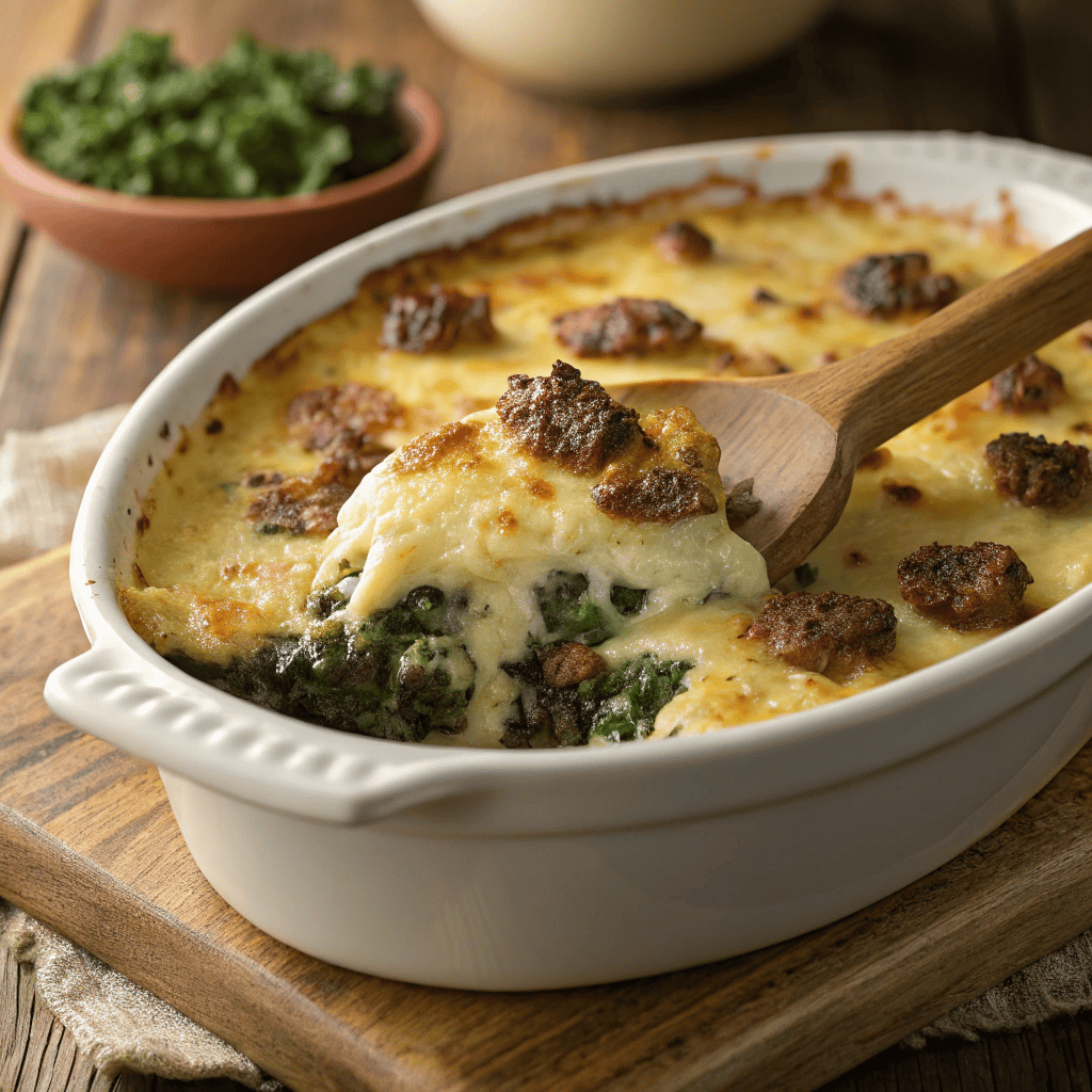 Zuppa Toscana casserole with creamy baked cheese, sausage, kale, and rich soup-style filling in a ceramic dish