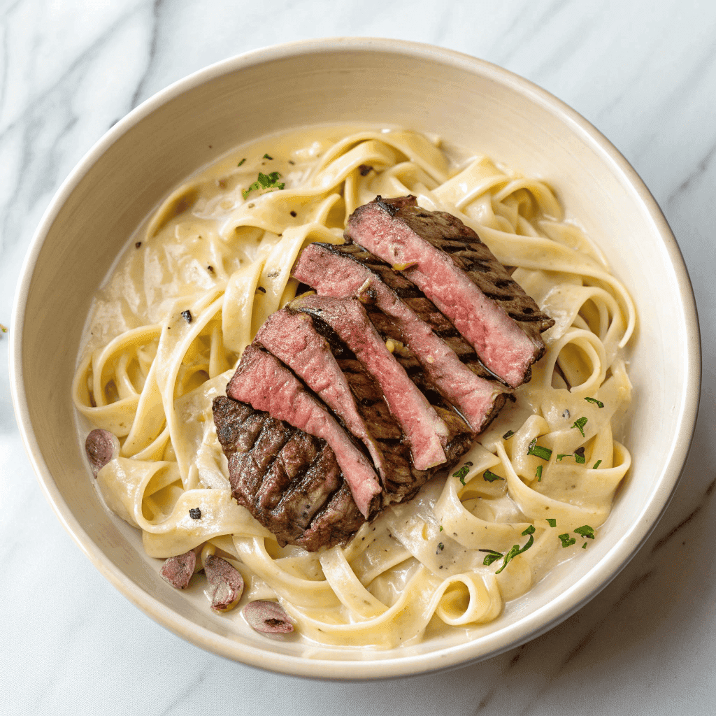 Steak alfredo pasta with creamy fettuccine noodles topped with sliced grilled steak and rich homemade Alfredo sauce
