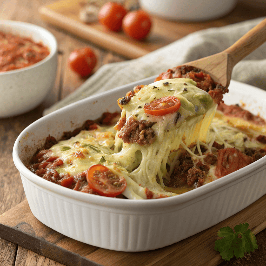 Cabbage beef bake with melted cheese, seasoned ground beef, tender cabbage, and golden baked topping
