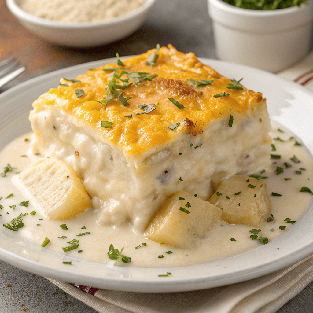Cheesy potato casserole with tender potatoes baked in creamy sauce and topped with golden melted cheddar cheese