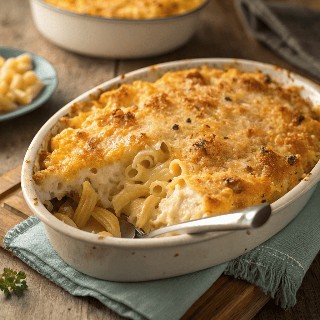 Dolly Parton casserole with creamy baked pasta and golden cheesy crust, sliced to show rich comfort food texture