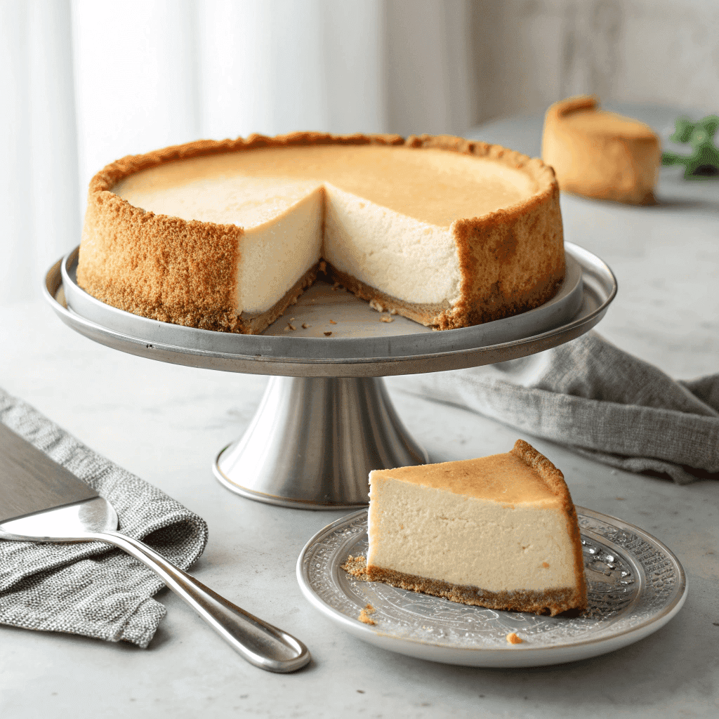 Tall New York cheesecake with graham cracker crust and one slice removed, showing dense creamy interior on a cake stand.
