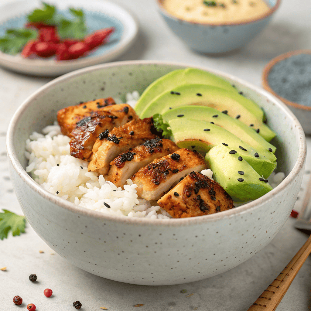 Coconut chicken rice bowl with grilled chicken, avocado slices, creamy coconut sauce, and cilantro