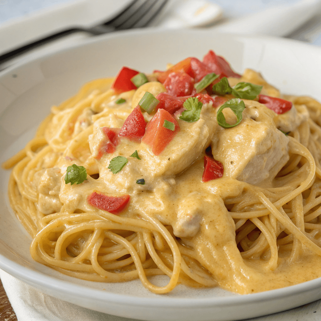Chicken spaghetti with Rotel served creamy and cheesy, made with tender shredded chicken, melted cheese sauce, diced tomatoes, and perfectly cooked spaghetti noodles